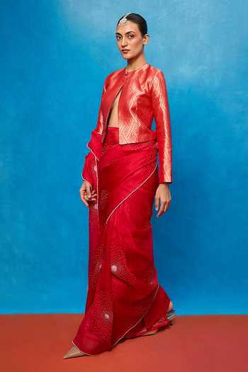 Shop_Ekaya Banaras_Red Placement Embroidered Saree With Running Blouse _Online_at_Aza_Fashions