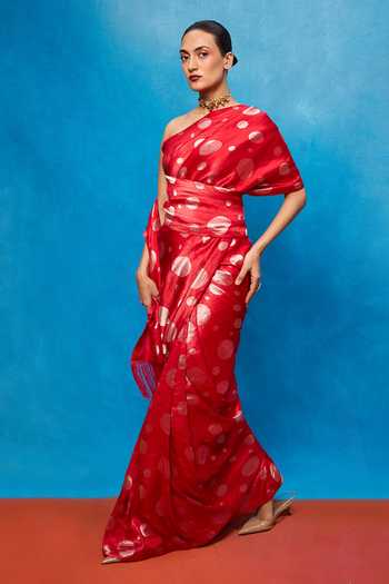 Ekaya Banaras_Red Silk Polka Dot Woven Saree With Running Blouse _Online_at_Aza_Fashions
