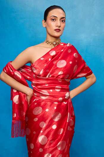 Buy_Ekaya Banaras_Red Silk Polka Dot Woven Saree With Running Blouse _Online_at_Aza_Fashions