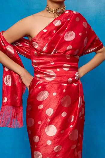 Shop_Ekaya Banaras_Red Silk Polka Dot Woven Saree With Running Blouse _Online_at_Aza_Fashions