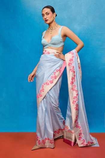 Ekaya Banaras_Blue Silk Woven Saree With Running Blouse _Online_at_Aza_Fashions
