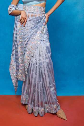 Ekaya Banaras_Blue Tissue Stripe Woven Saree With Running Blouse _Online_at_Aza_Fashions