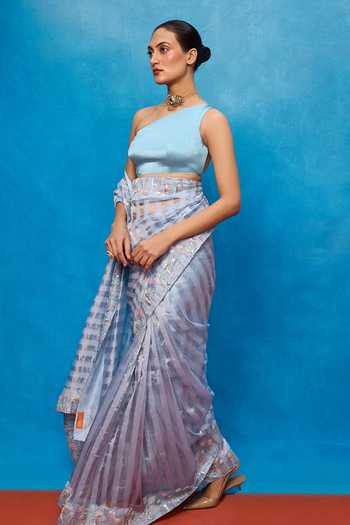 Buy_Ekaya Banaras_Blue Tissue Stripe Woven Saree With Running Blouse _Online_at_Aza_Fashions