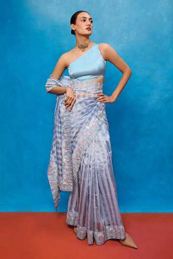 Shop_Ekaya Banaras_Blue Tissue Stripe Woven Saree With Running Blouse _Online_at_Aza_Fashions