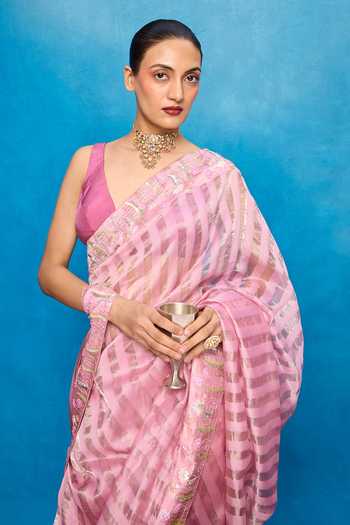 Ekaya Banaras_Pink Tissue Stripe Pattern Saree With Running Blouse _Online_at_Aza_Fashions