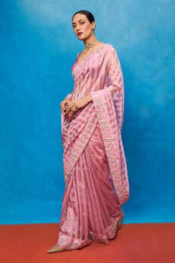Buy_Ekaya Banaras_Pink Tissue Stripe Pattern Saree With Running Blouse _Online_at_Aza_Fashions