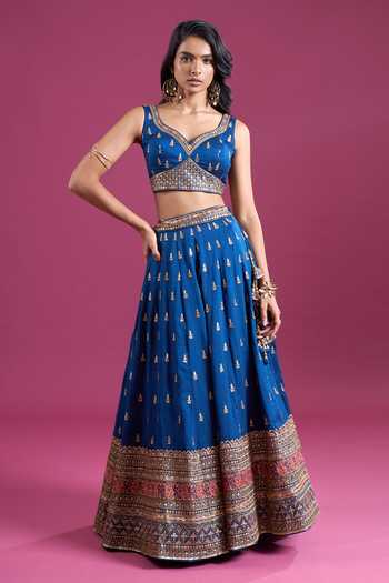 Shop_Samyukta Singhania_Blue Silk, Chinon Sweetheart Neck Sequinned And Zari Embroidered Lehenga Set 