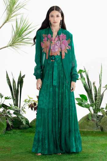 Siddhartha Bansal_Green Crepe Mandarin Collar Stereo Love Tier Dress _at_Aza_Fashions