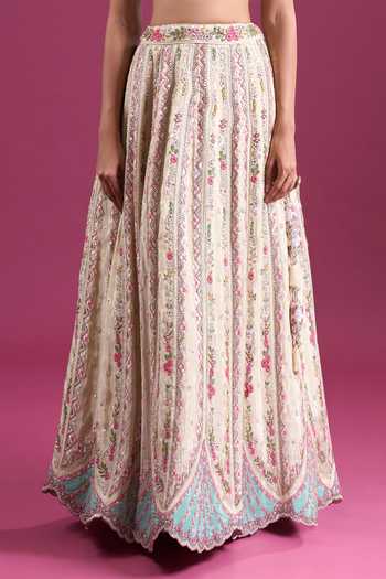 Samyukta Singhania_Cream Tissue, Net V-neck Sequins Embroidered Lehenga Set _Online_at_Aza_Fashions