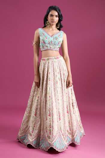 Buy_Samyukta Singhania_Cream Tissue, Net V-neck Sequins Embroidered Lehenga Set _Online_at_Aza_Fashions
