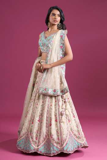 Shop_Samyukta Singhania_Cream Tissue, Net V-neck Sequins Embroidered Lehenga Set _Online_at_Aza_Fashions