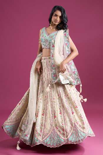 Samyukta Singhania_Cream Tissue, Net V-neck Sequins Embroidered Lehenga Set _at_Aza_Fashions