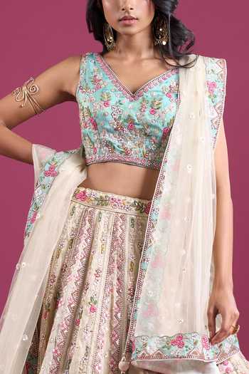 Shop_Samyukta Singhania_Cream Tissue, Net V-neck Sequins Embroidered Lehenga Set 
