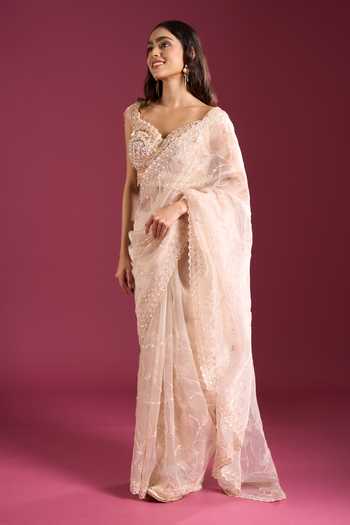 Buy_Samyukta Singhania_Cream Organza, Tissue Sweetheart Neck Tonal Handwork Saree With Blouse _Online_at_Aza_Fashions