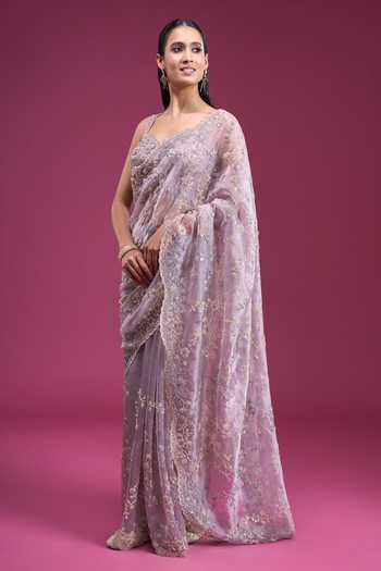 Samyukta Singhania_Purple Organza, Tissue Beaded Handwork Saree With Blouse _Online_at_Aza_Fashions