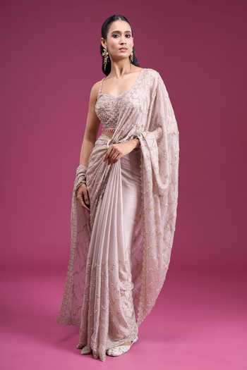 Samyukta Singhania_Pink Sweetheart Neck Handwork Embroidered Saree With Blouse _Online_at_Aza_Fashions