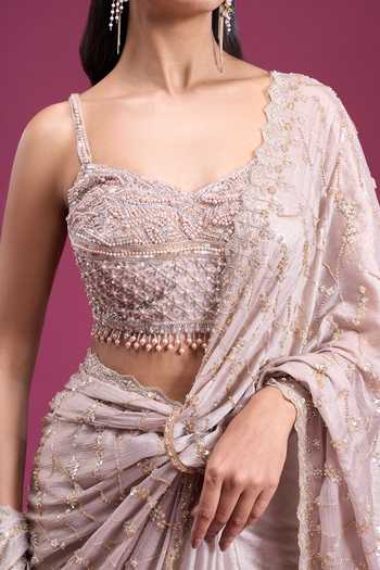 Shop_Samyukta Singhania_Pink Sweetheart Neck Handwork Embroidered Saree With Blouse _Online_at_Aza_Fashions