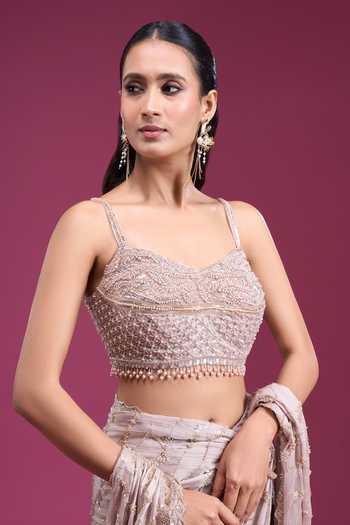 Samyukta Singhania_Pink Sweetheart Neck Handwork Embroidered Saree With Blouse _at_Aza_Fashions
