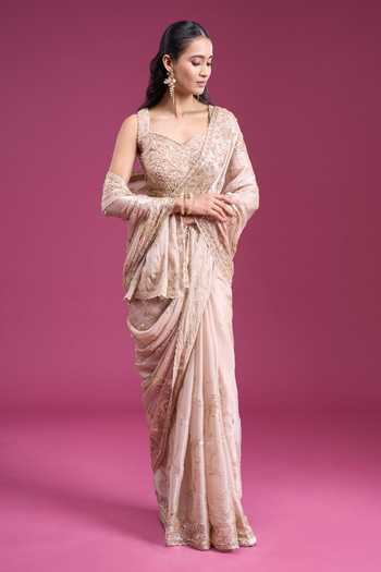Samyukta Singhania_Gold Organza, Tissue Sweetheart Neck Handwork Beaded Saree With Blouse _Online_at_Aza_Fashions