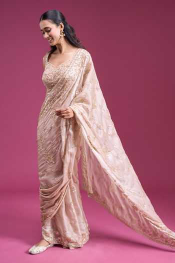 Buy_Samyukta Singhania_Gold Organza, Tissue Sweetheart Neck Handwork Beaded Saree With Blouse _Online_at_Aza_Fashions
