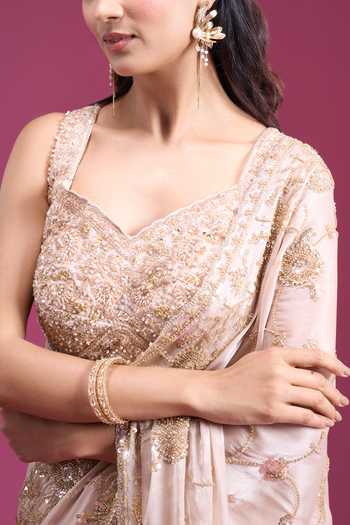 Shop_Samyukta Singhania_Gold Organza, Tissue Sweetheart Neck Handwork Beaded Saree With Blouse _Online_at_Aza_Fashions