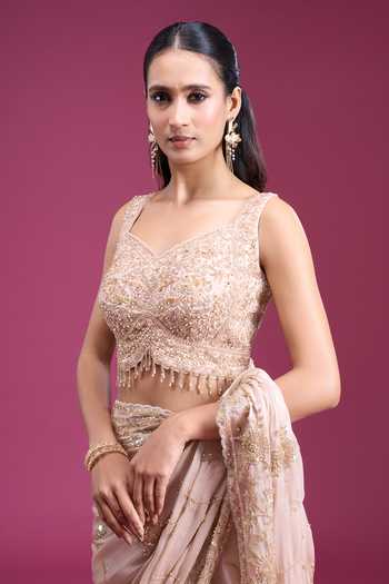 Samyukta Singhania_Gold Organza, Tissue Sweetheart Neck Handwork Beaded Saree With Blouse _at_Aza_Fashions