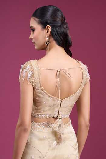 Shop_Samyukta Singhania_Gold Organza, Tissue Sweetheart Neck Handwork Saree With Embroidered Blouse _Online_at_Aza_Fashions