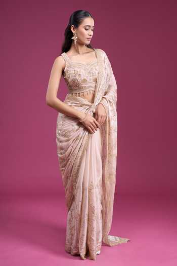 Samyukta Singhania_Gold Organza, Tissue Sweetheart Neck Sequin Embroidered Saree With Blouse _Online_at_Aza_Fashions