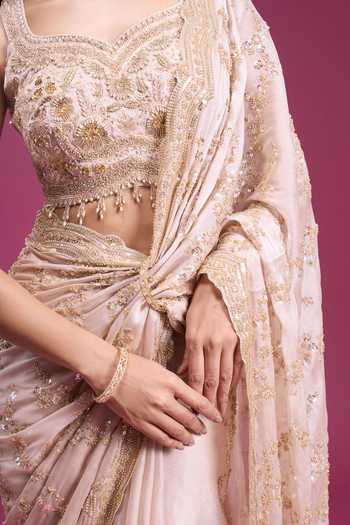 Buy_Samyukta Singhania_Gold Organza, Tissue Sweetheart Neck Sequin Embroidered Saree With Blouse 