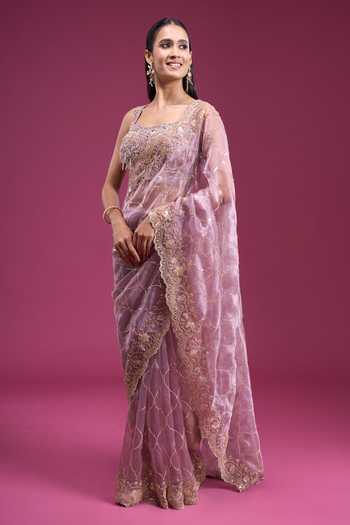 Samyukta Singhania_Purple Organza, Tissue Square Neck Handwork Jaal Pattern Saree With Blouse _Online_at_Aza_Fashions