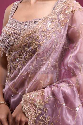 Buy_Samyukta Singhania_Purple Organza, Tissue Square Neck Handwork Jaal Pattern Saree With Blouse _Online_at_Aza_Fashions