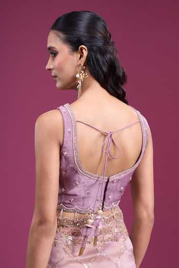 Shop_Samyukta Singhania_Purple Organza, Tissue Square Neck Handwork Jaal Pattern Saree With Blouse _Online_at_Aza_Fashions