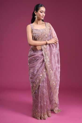Samyukta Singhania_Purple Organza, Tissue Square Neck Handwork Jaal Pattern Saree With Blouse _at_Aza_Fashions