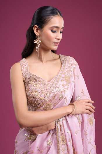 Samyukta Singhania_Pink Organza, Tissue Sweetheart Neck Floral Vine Handwork Saree With Blouse _Online_at_Aza_Fashions