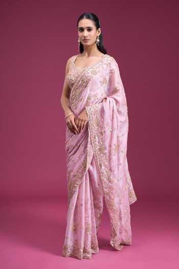 Shop_Samyukta Singhania_Pink Organza, Tissue Sweetheart Neck Floral Vine Handwork Saree With Blouse _Online_at_Aza_Fashions