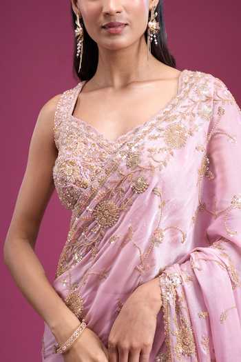 Samyukta Singhania_Pink Organza, Tissue Sweetheart Neck Floral Vine Handwork Saree With Blouse _at_Aza_Fashions