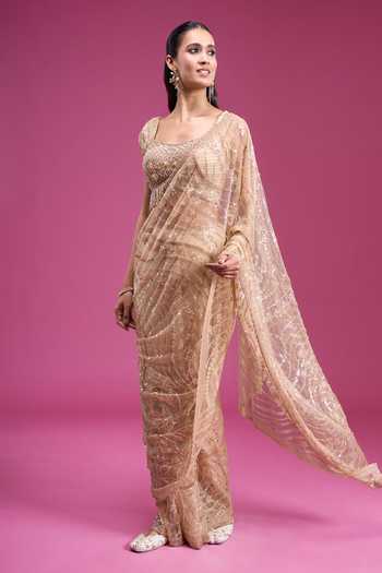 Samyukta Singhania_Gold Net Square Neck Handwork Sequin Saree With Blouse _Online_at_Aza_Fashions