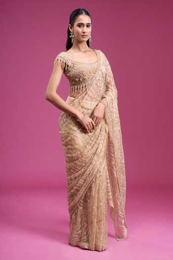 Buy_Samyukta Singhania_Gold Net Square Neck Handwork Sequin Saree With Blouse _Online_at_Aza_Fashions