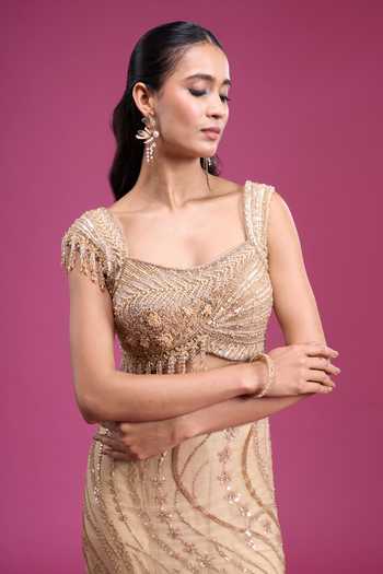 Shop_Samyukta Singhania_Gold Net Square Neck Handwork Sequin Saree With Blouse _Online_at_Aza_Fashions