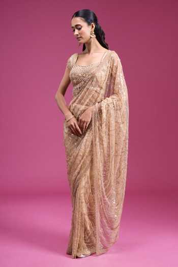 Samyukta Singhania_Gold Net Square Neck Handwork Sequin Saree With Blouse _at_Aza_Fashions