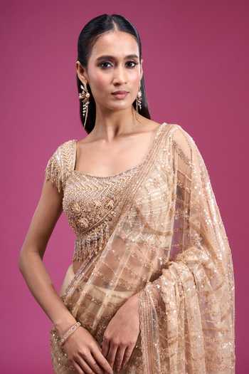 Buy_Samyukta Singhania_Gold Net Square Neck Handwork Sequin Saree With Blouse 