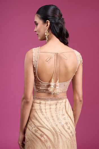 Shop_Samyukta Singhania_Gold Net Square Neck Handwork Sequin Saree With Blouse 