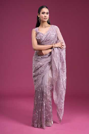 Samyukta Singhania_Purple Organza, Tissue Scoop Neck Beads Sequin Handwork Saree With Blouse _Online_at_Aza_Fashions