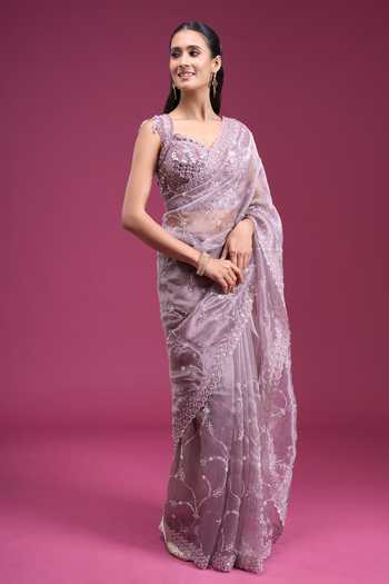 Buy_Samyukta Singhania_Purple Organza, Tissue Scoop Neck Beads Sequin Handwork Saree With Blouse _Online_at_Aza_Fashions