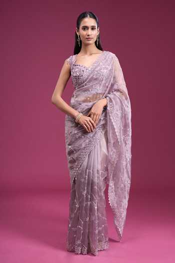 Shop_Samyukta Singhania_Purple Organza, Tissue Scoop Neck Beads Sequin Handwork Saree With Blouse _Online_at_Aza_Fashions