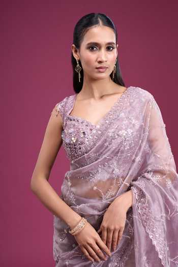 Samyukta Singhania_Purple Organza, Tissue Scoop Neck Beads Sequin Handwork Saree With Blouse _at_Aza_Fashions