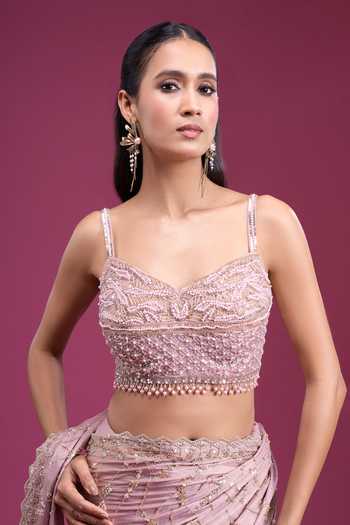 Samyukta Singhania_Purple Chinon Sweetheart Neck Handwork Saree With Blouse _Online_at_Aza_Fashions