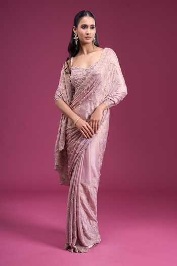 Shop_Samyukta Singhania_Purple Chinon Sweetheart Neck Handwork Saree With Blouse _Online_at_Aza_Fashions