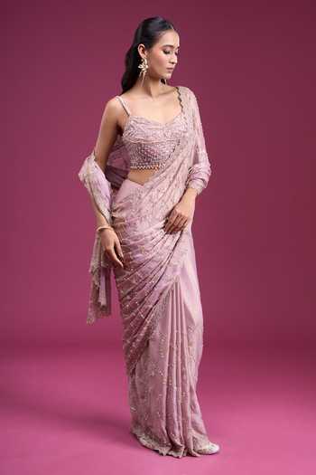 Samyukta Singhania_Purple Chinon Sweetheart Neck Handwork Saree With Blouse _at_Aza_Fashions