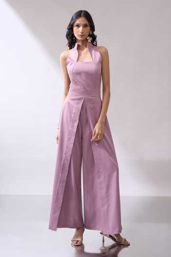 Buy_Naintara Bajaj_Pink Slit Wide Leg High Collared Jumpsuit 